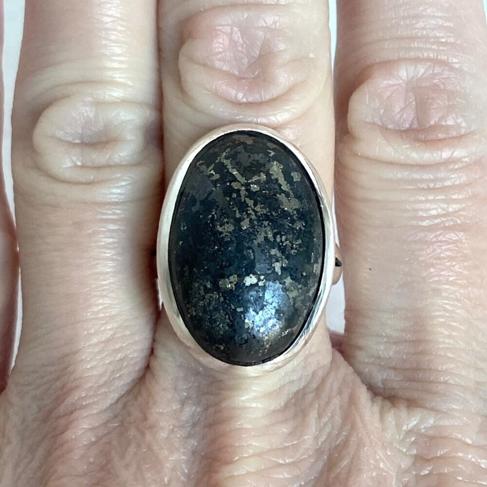Sterling Silver 925 Oval Healers Gold Pyrite In Magnetite Cabochon Ring Sz 7.25